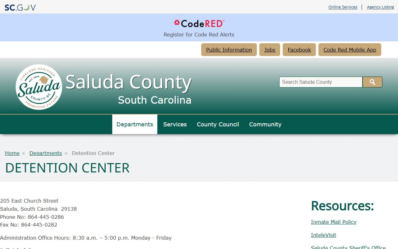 Saluda County Detention Center inmate population information page